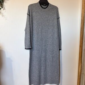 Gray Knit Long Sleeve Maxi Dress with Black Trim